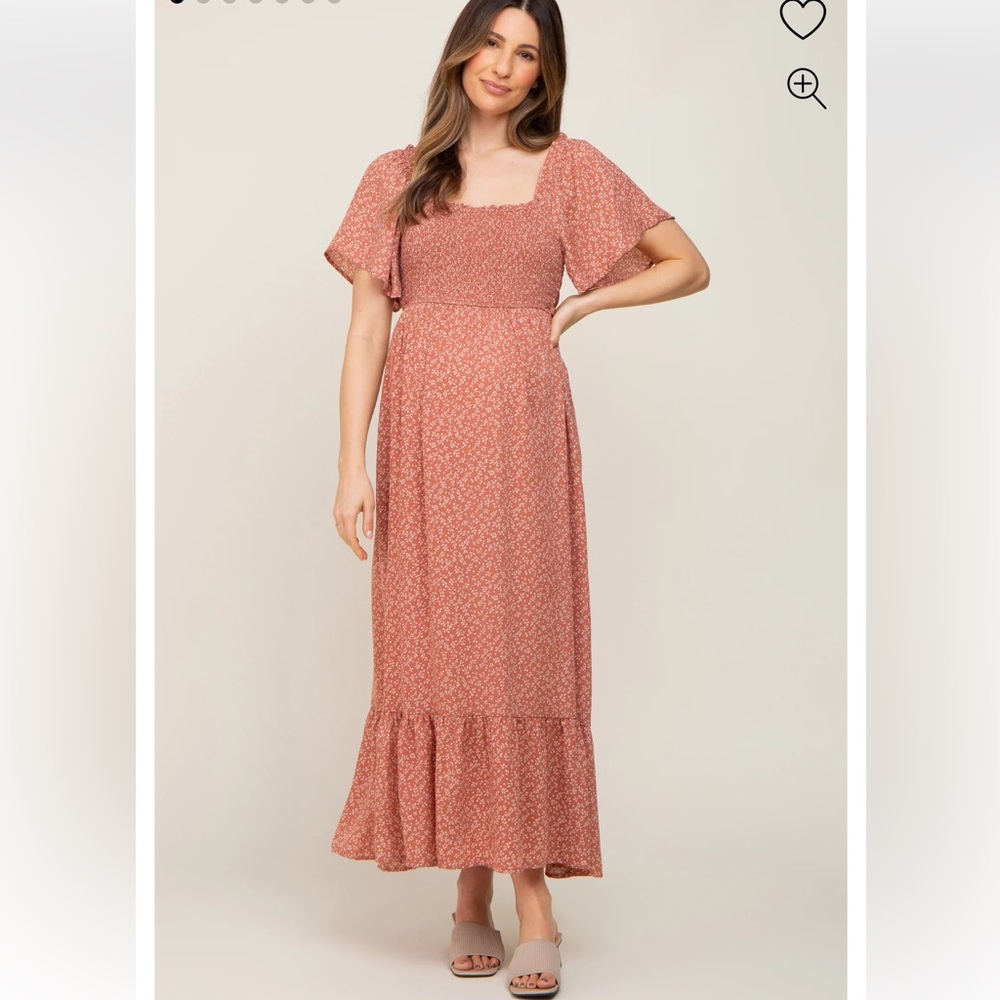 In the Beginning Rust Terracotta Leaf Floral Smocked Flounce Sleeve Maxi Dress S